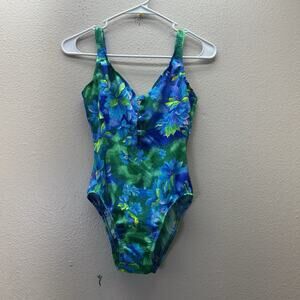 Vintage 1970s 1980s Mainstream Floral Blue One Piece Swim Suit Cheeky Bathing 8